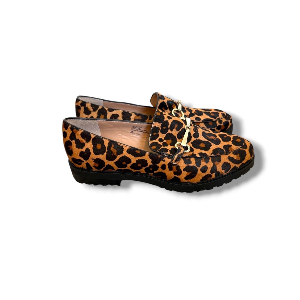 INC Taylyn Loafers Womens 10M Leopard Print Calf Hair Gold Horsebit Lug Sole